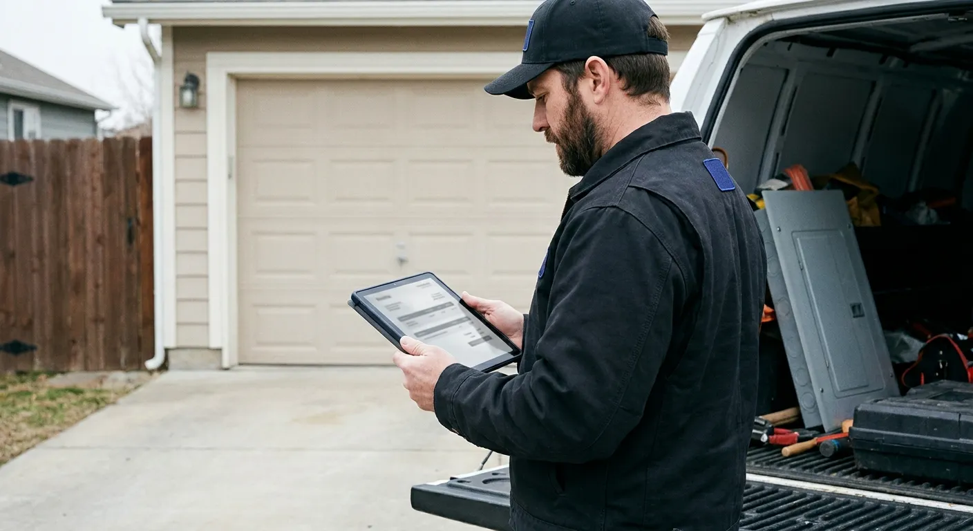Electrician at the open tailgate of a service van at end of day, tablet in hand with an invoice on screen, panel cover visible in the truck bed