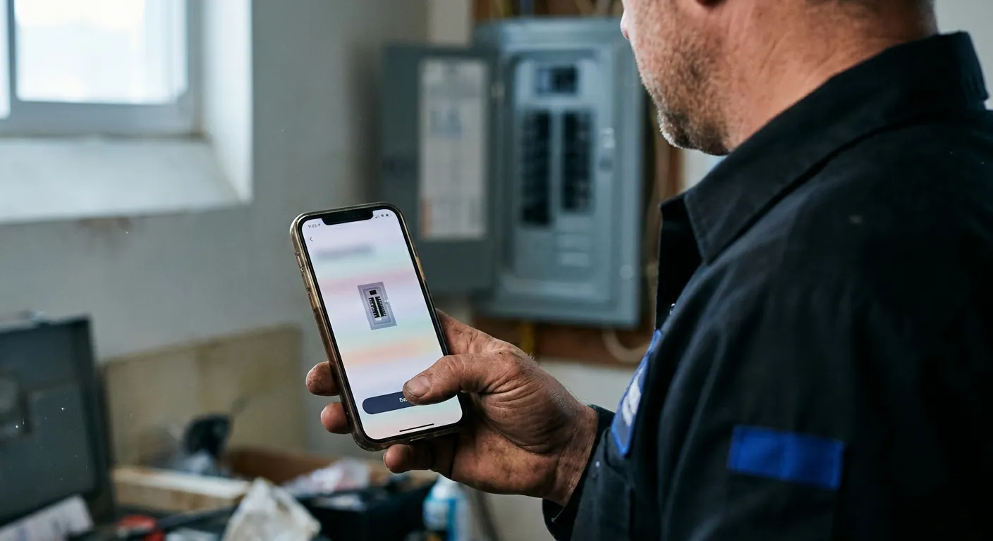 Hand holding a phone showing an invoice draft with a panel photo attached as a line item, residential breaker panel visible blurred in the background
