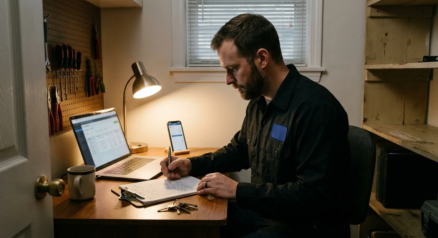 Solo electrician at a home-office desk with a laptop showing QuickBooks Online and a phone showing the Joist app, van keys and a clipboard on the desk