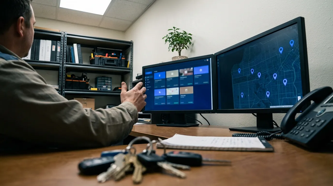 Dispatcher at a two-monitor desk showing a job board with colored job tiles, residential service van keys in the foreground